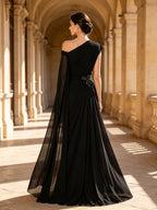 One Shoulder Beaded Draped Chiffon Evening Dress Black Formal Gown