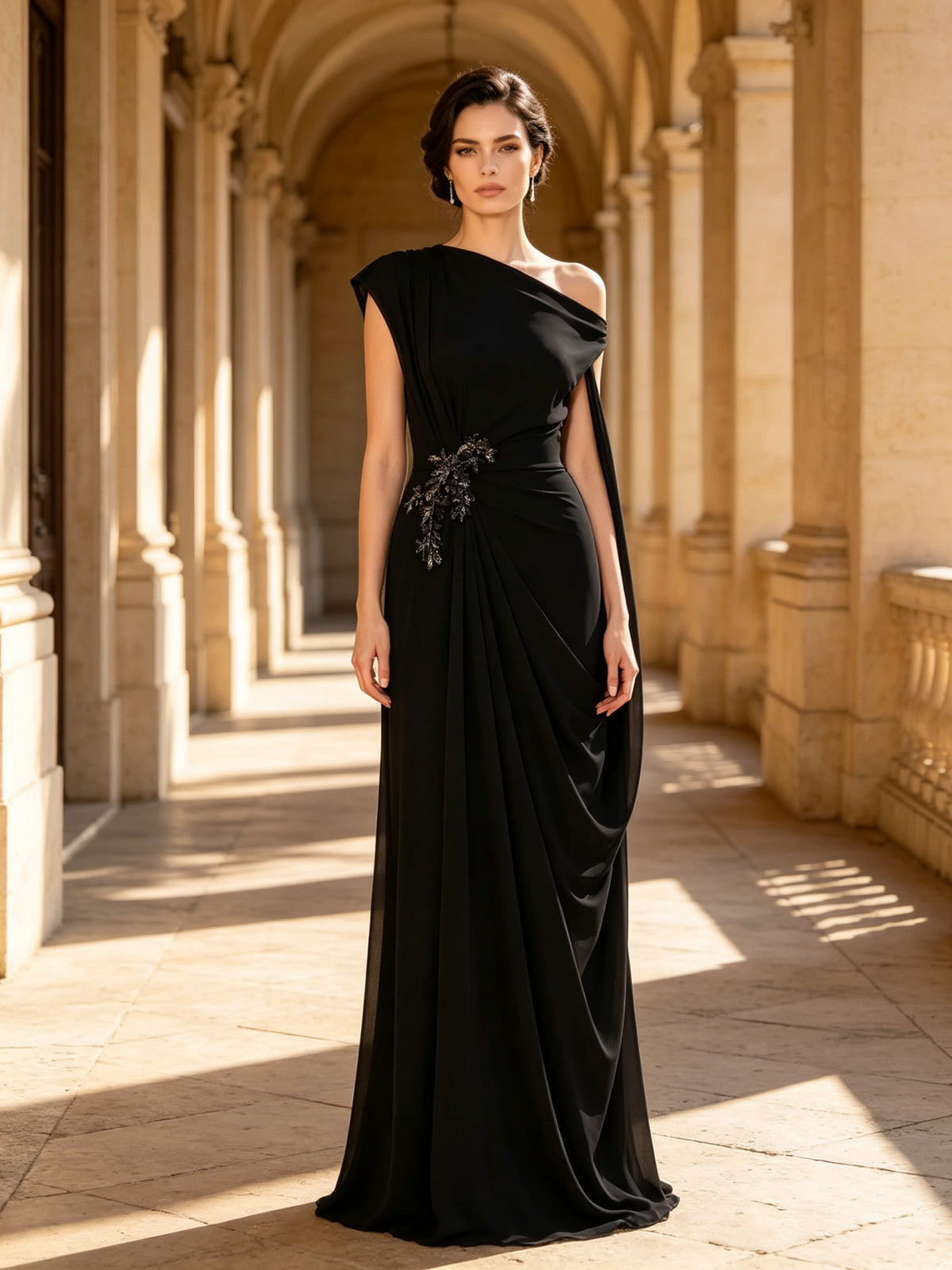 One Shoulder Beaded Draped Chiffon Evening Dress Black Formal Gown