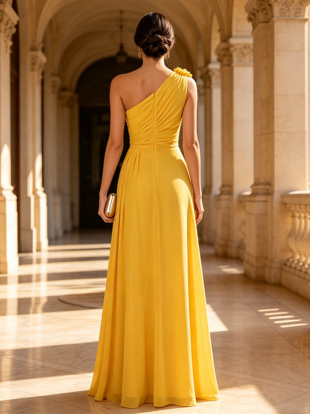 Yellow One Shoulder 3D Floral Chiffon Long Evening Dress
