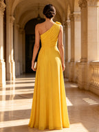 Yellow One Shoulder 3D Floral Chiffon Long Evening Dress