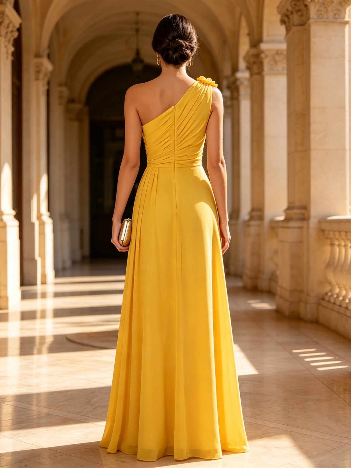 Yellow One Shoulder 3D Floral Chiffon Long Evening Dress