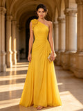 Yellow One Shoulder 3D Floral Chiffon Long Evening Dress
