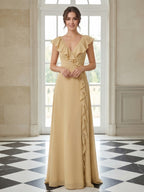 Champagne Ruffled V Neck Sleeveless A Line Evening Dress