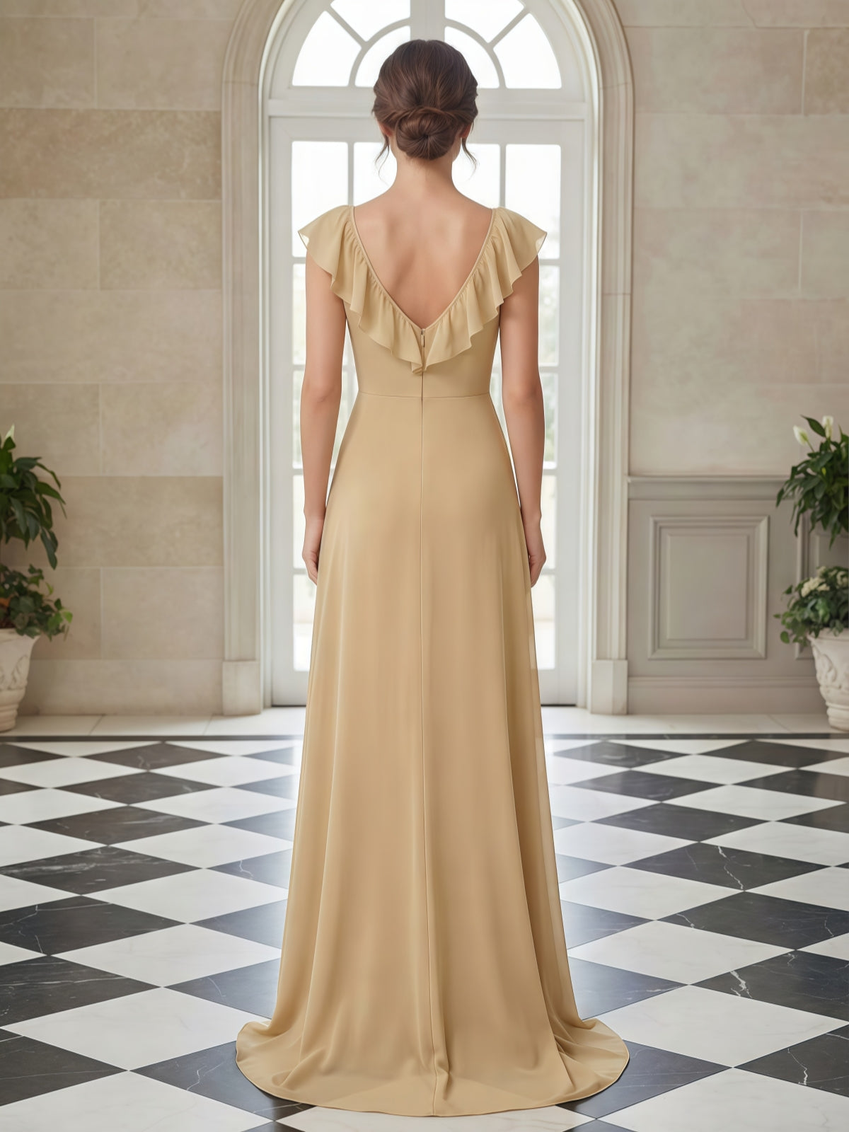Champagne Ruffled V Neck Sleeveless A Line Evening Dress