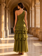 Olive Green One Shoulder Tiered Ruffle Midi Evening Dress