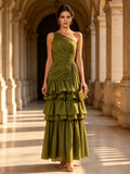 Olive Green One Shoulder Tiered Ruffle Midi Evening Dress