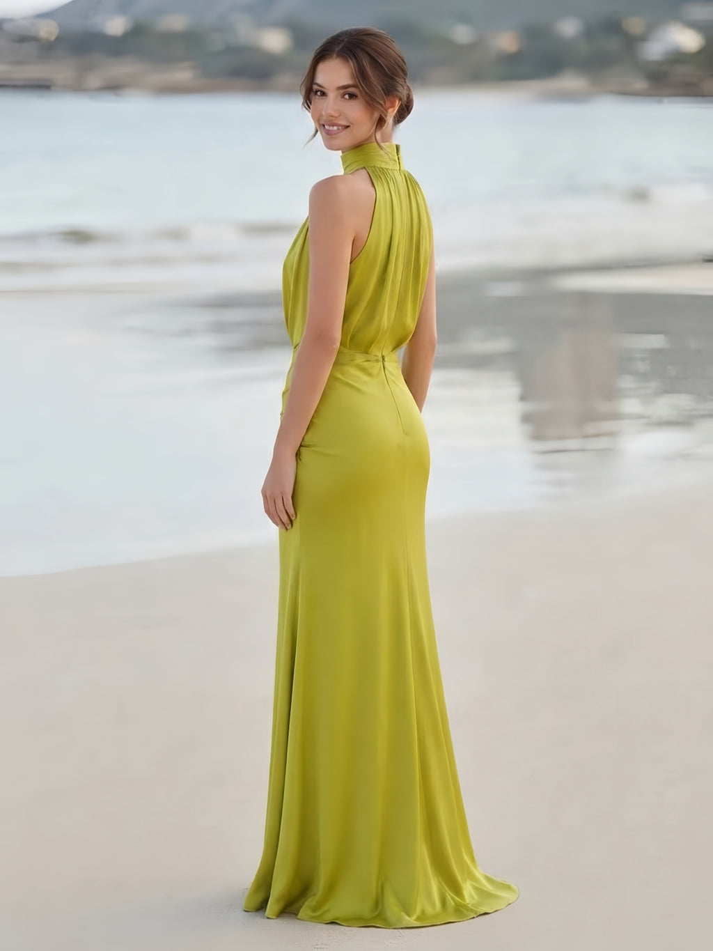 Chartreuse High Neck Cowl Draped Satin Slit Evening Dress