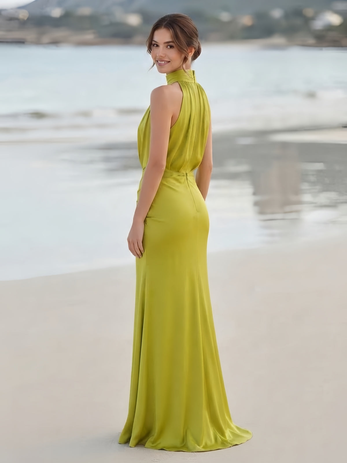 Chartreuse High Neck Cowl Draped Satin Slit Evening Dress