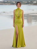 Chartreuse High Neck Cowl Draped Satin Slit Evening Dress