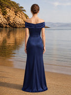 Navy Blue Off Shoulder Beaded Starburst Satin Evening Dress