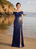 Navy Blue Off Shoulder Beaded Starburst Satin Evening Dress