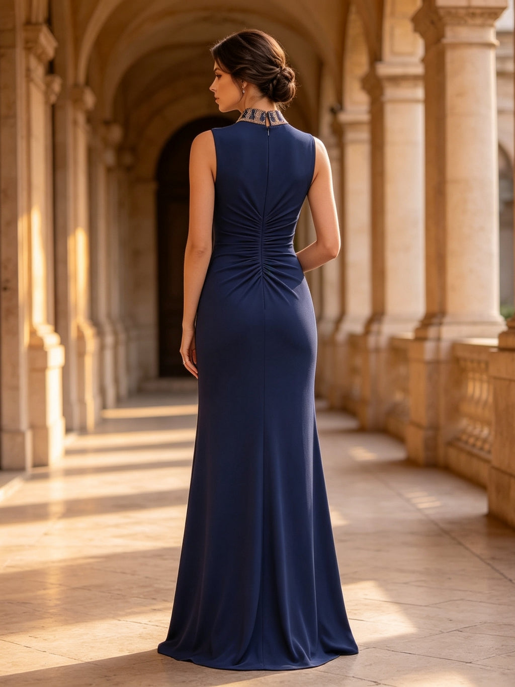 Navy Blue Beaded High Collar Sleeveless Ruched Evening Dress