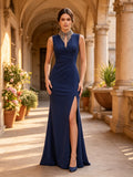 Navy Blue Beaded High Collar Sleeveless Ruched Evening Dress