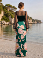 Emerald Green Floral Velvet Sheer Long Sleeve Evening Dress
