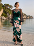 Emerald Green Floral Velvet Sheer Long Sleeve Evening Dress