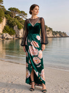 Emerald Green Floral Velvet Sheer Long Sleeve Evening Dress