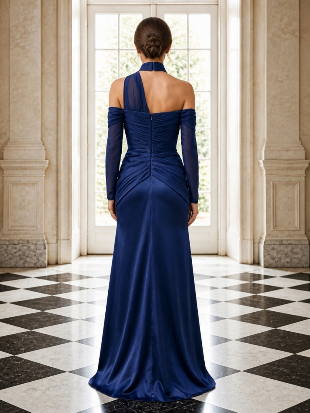 Navy Blue Choker Neck Long Sleeve Draped Satin Evening Dress