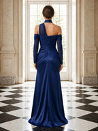 Navy Blue Choker Neck Long Sleeve Draped Satin Evening Dress