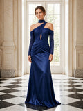 Navy Blue Choker Neck Long Sleeve Draped Satin Evening Dress