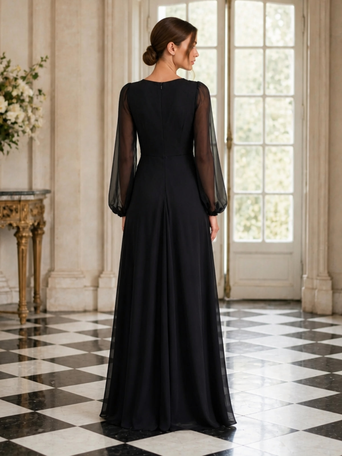 Black Ivory V Neck Sheer Long Sleeve Color Block Evening Dress