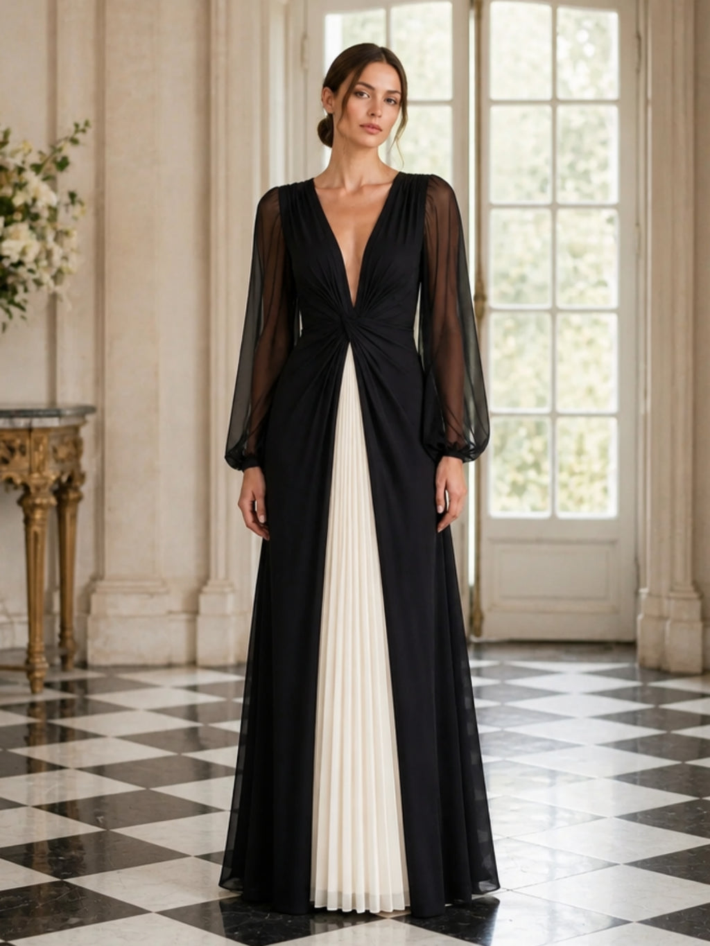 Black Ivory V Neck Sheer Long Sleeve Color Block Evening Dress
