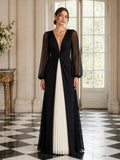 Black Ivory V Neck Sheer Long Sleeve Color Block Evening Dress
