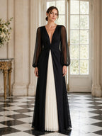Black Ivory V Neck Sheer Long Sleeve Color Block Evening Dress