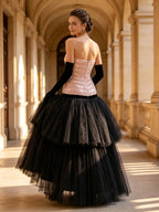 Pink Black Strapless Sequin Tiered Tulle Ball Gown Evening Dress