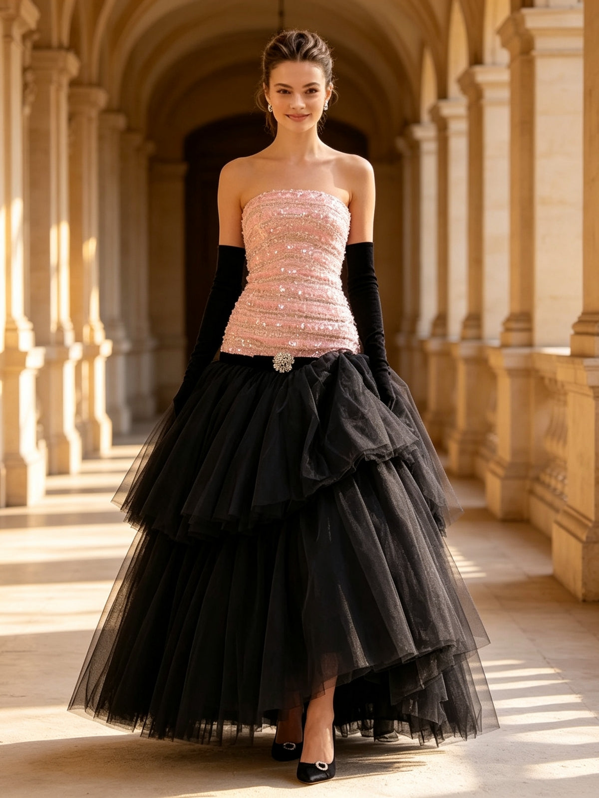 Pink Black Strapless Sequin Tiered Tulle Ball Gown Evening Dress
