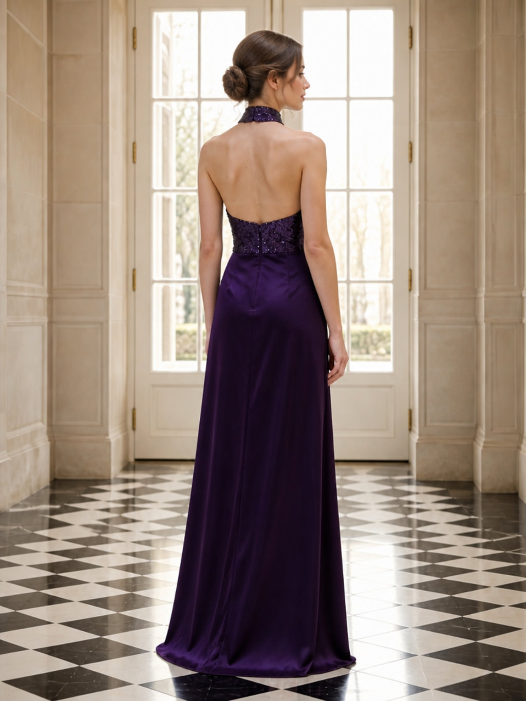 Deep Purple Sequin Halter Satin High Slit Evening Dress