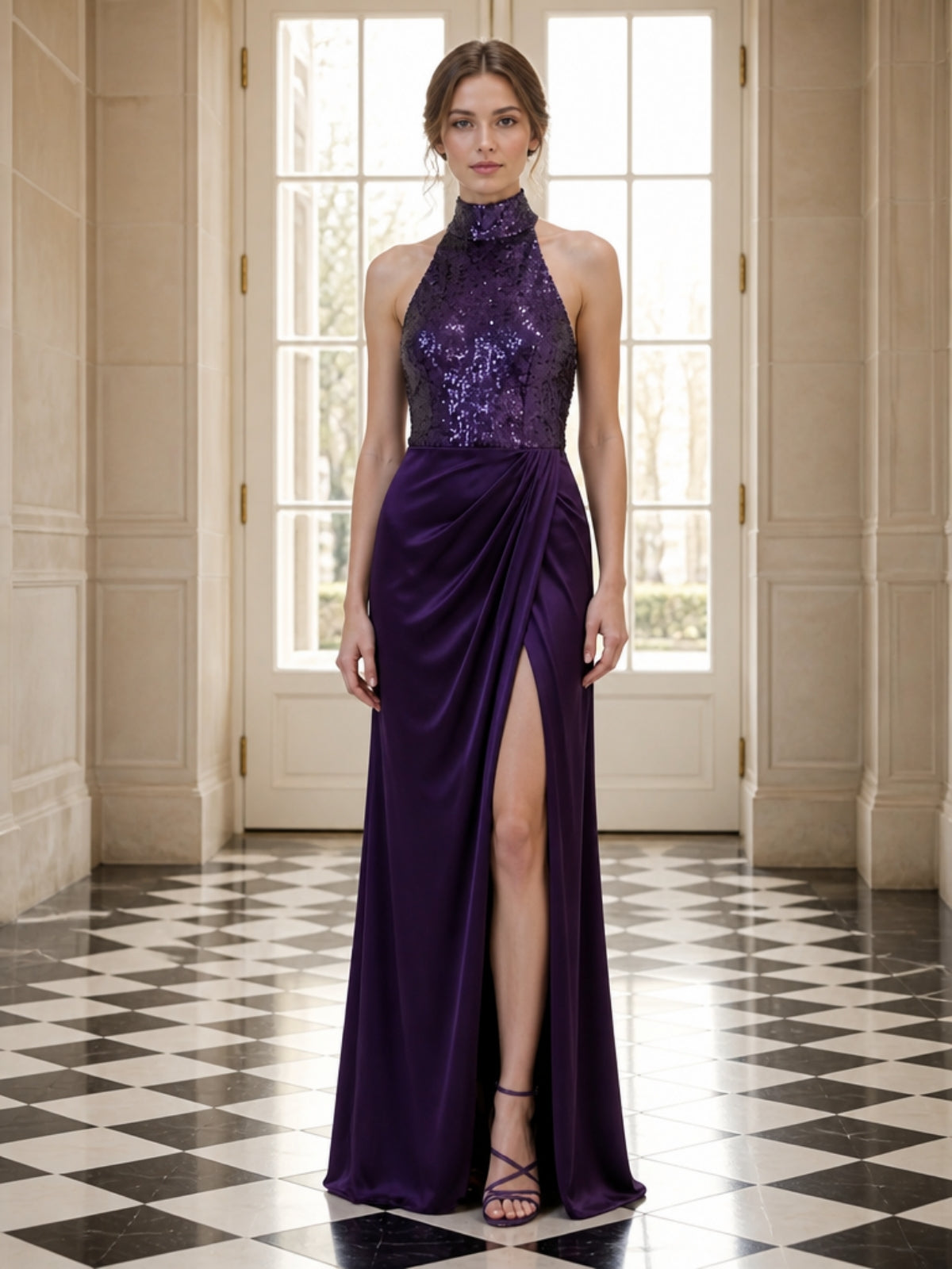Deep Purple Sequin Halter Satin High Slit Evening Dress