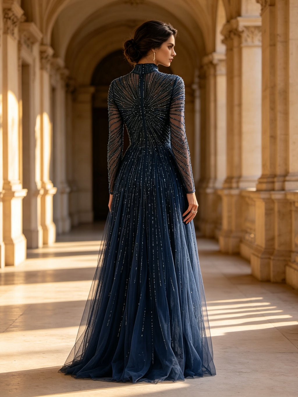Navy Blue Beaded Starburst Sheer Long Sleeve Evening Dress