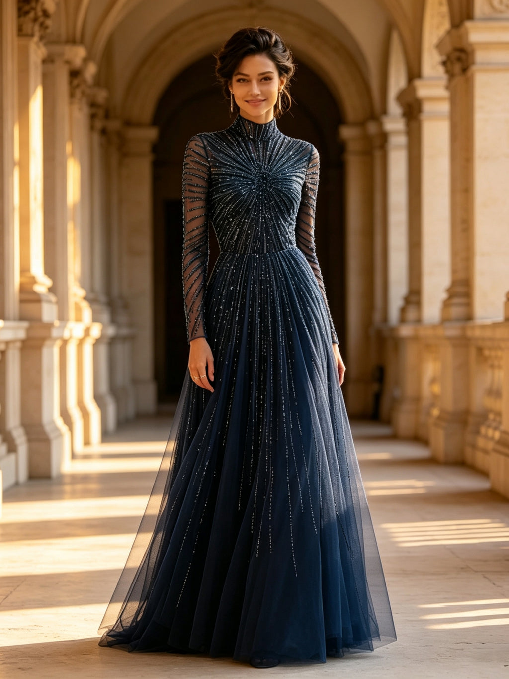 Navy Blue Beaded Starburst Sheer Long Sleeve Evening Dress