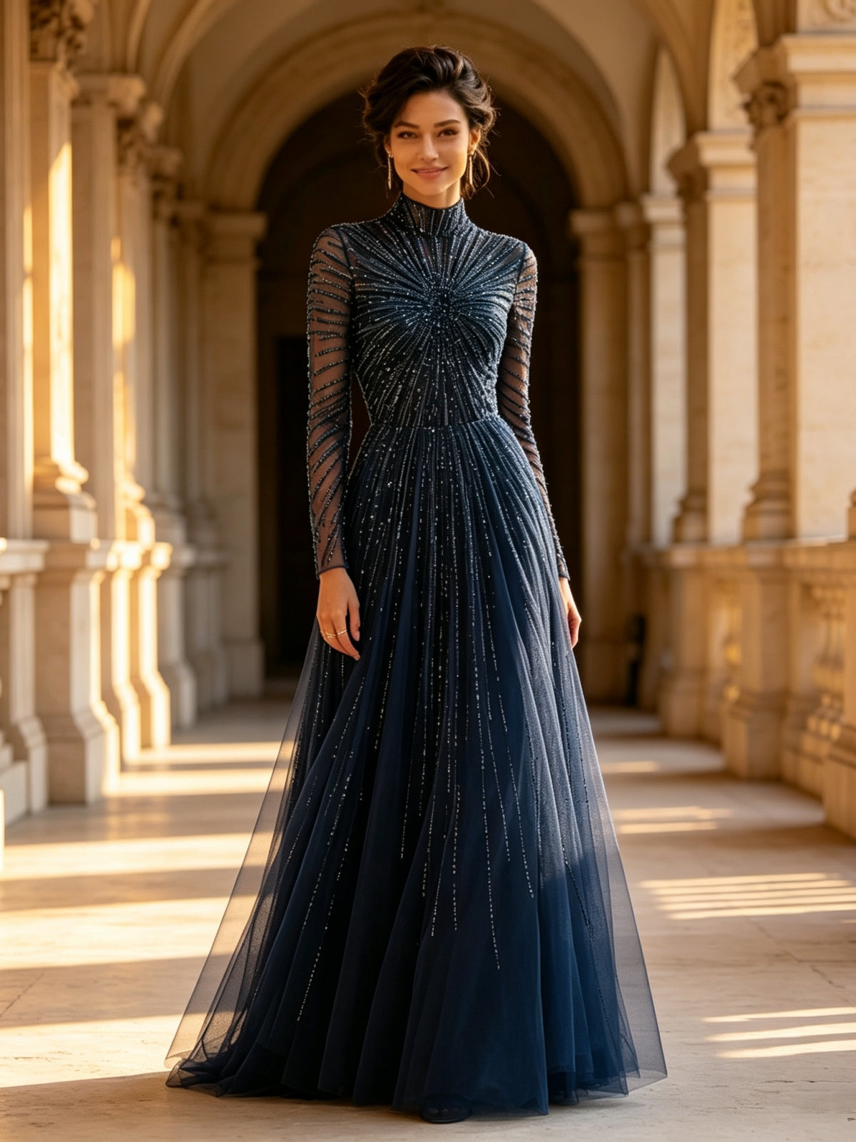 Navy Blue Beaded Starburst Sheer Long Sleeve Evening Dress