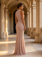 Champagne Beaded Halter Wavy Mermaid Evening Dress
