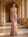 Champagne Beaded Halter Wavy Mermaid Evening Dress