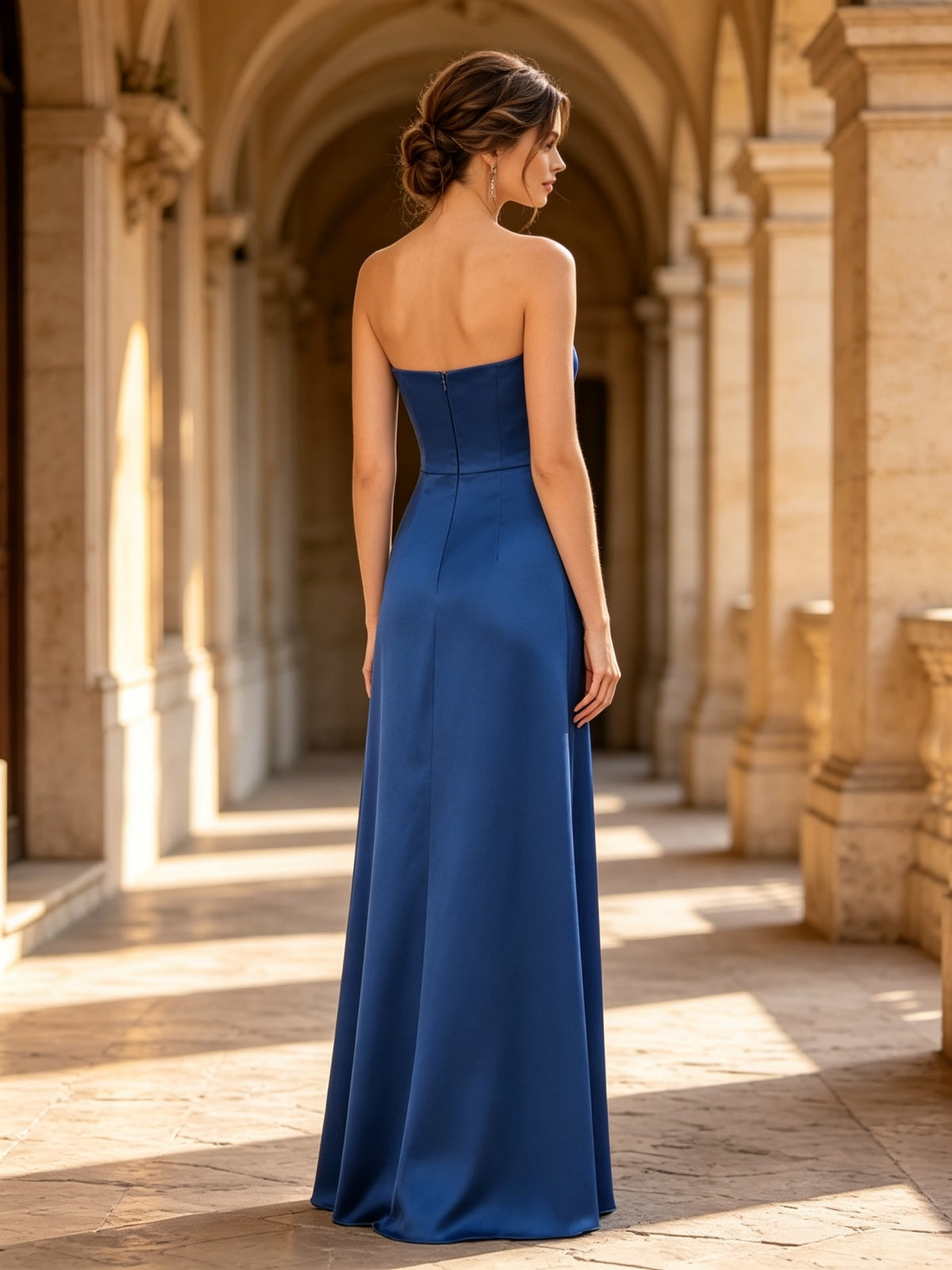 Royal Blue Strapless Ruched Waist Ruffle Satin Evening Dress