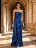 Royal Blue Strapless Ruched Waist Ruffle Satin Evening Dress