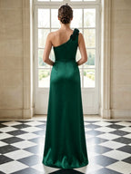 Sage Green One Shoulder 3D Floral Ruched Satin Evening Dress