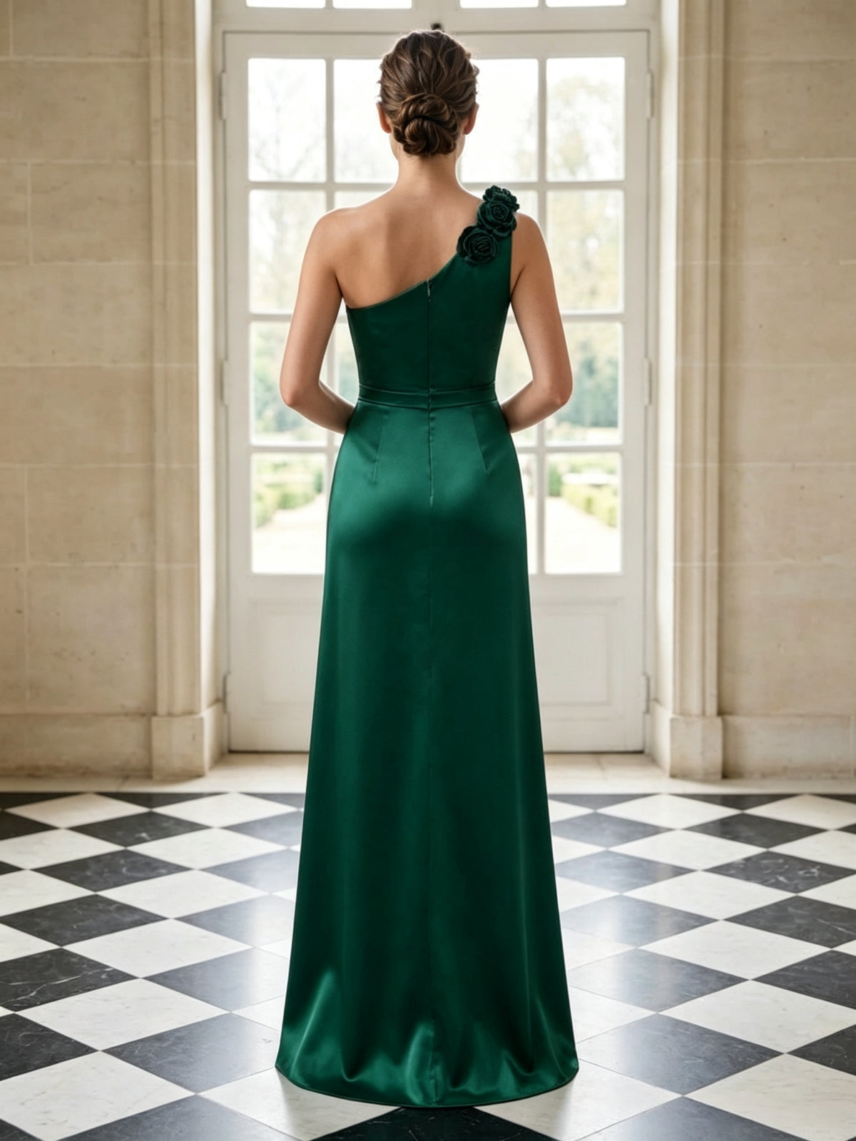 Sage Green One Shoulder 3D Floral Ruched Satin Evening Dress