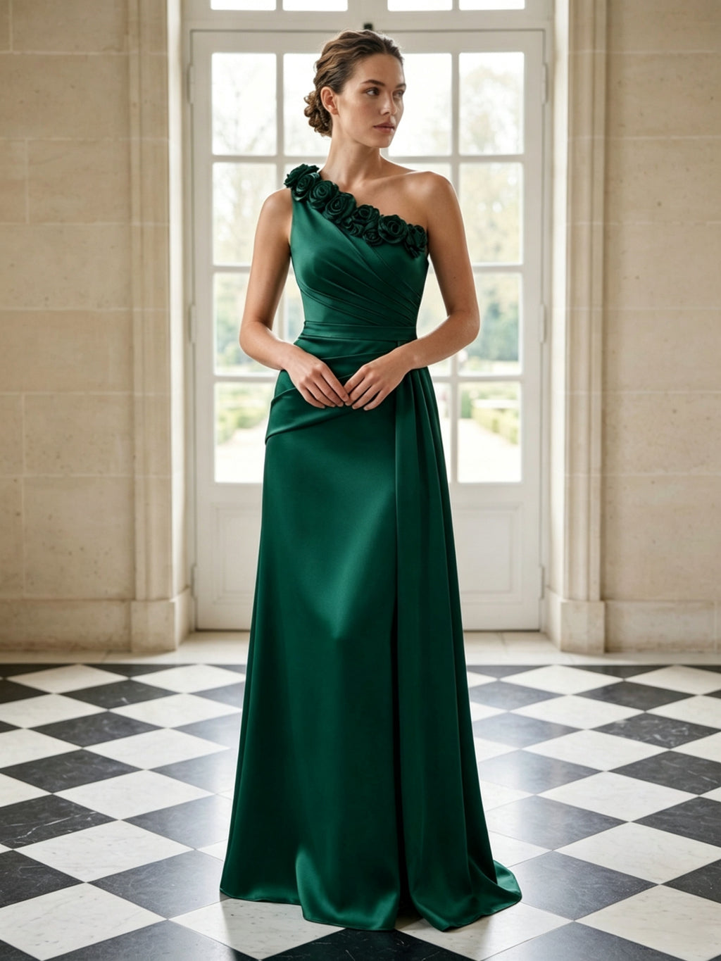 Sage Green One Shoulder 3D Floral Ruched Satin Evening Dress