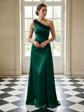 Sage Green One Shoulder 3D Floral Ruched Satin Evening Dress