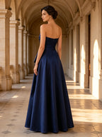 Navy Blue Strapless Pleated Bodice Ruffle A Line Evening Dress