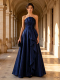 Navy Blue Strapless Pleated Bodice Ruffle A Line Evening Dress