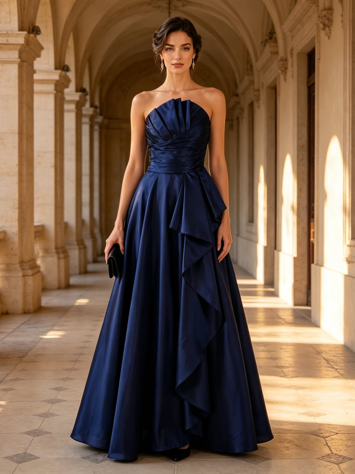 Navy Blue Strapless Pleated Bodice Ruffle A Line Evening Dress