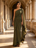 Olive Green One Shoulder Cape Sleeve Floral Evening Dress