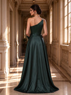 Emerald Green One Shoulder Rhinestone Bow Satin Evening Dress