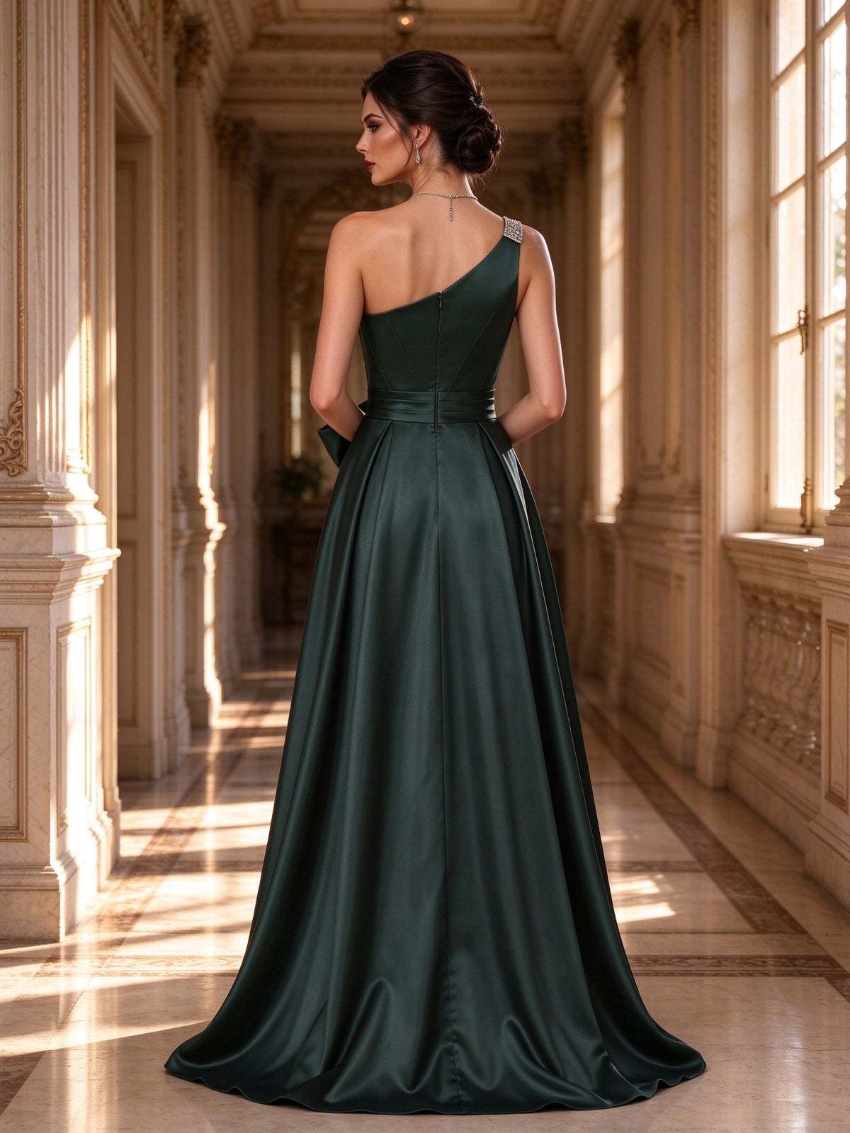 Emerald Green One Shoulder Rhinestone Bow Satin Evening Dress