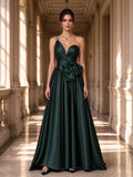 Emerald Green One Shoulder Rhinestone Bow Satin Evening Dress