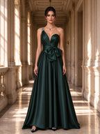 Emerald Green One Shoulder Rhinestone Bow Satin Evening Dress